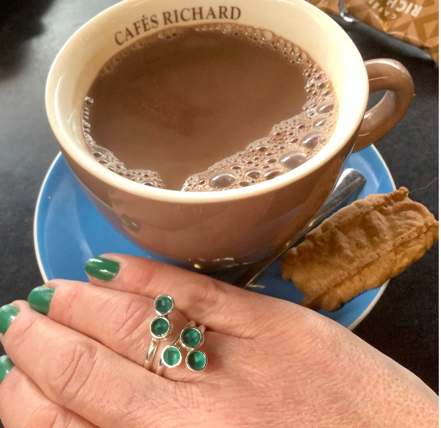 Sterling silver adjustable ring with emerald green enamel