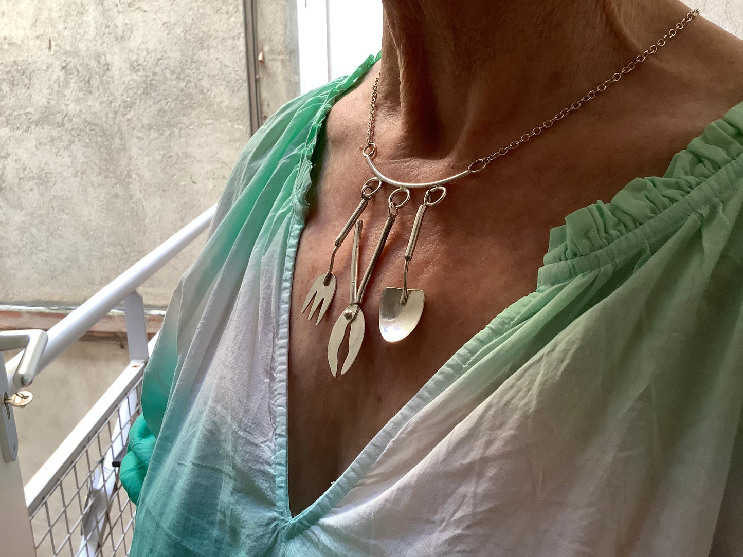 Sterling silver gardening tools necklace