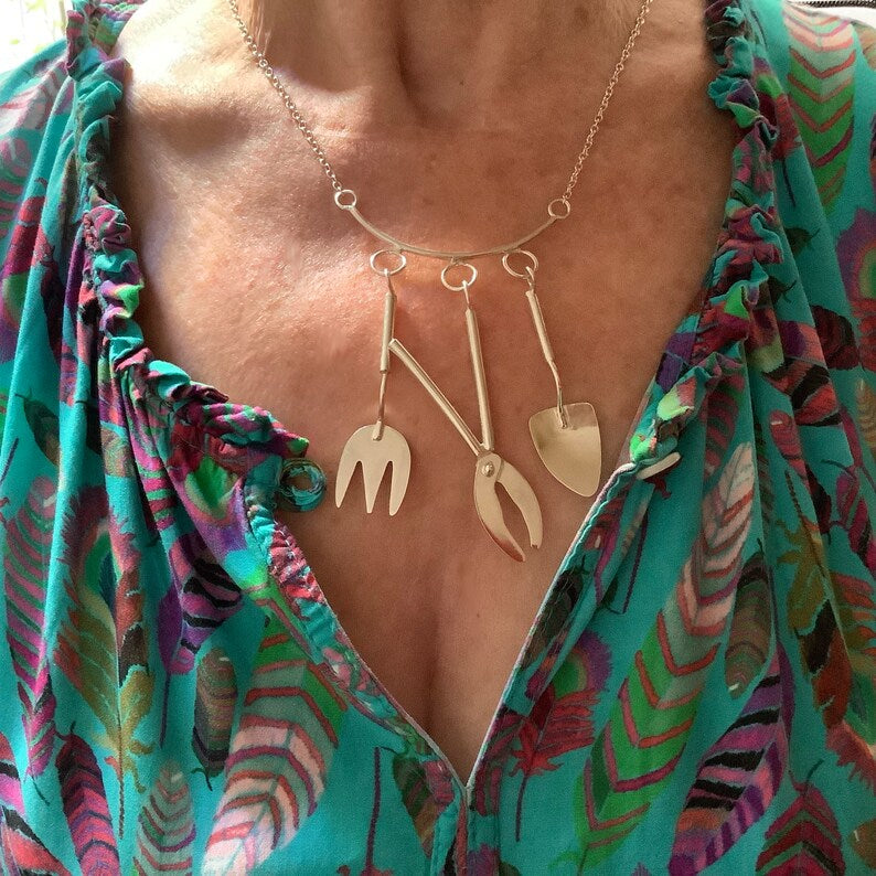 Sterling silver gardening tools necklace