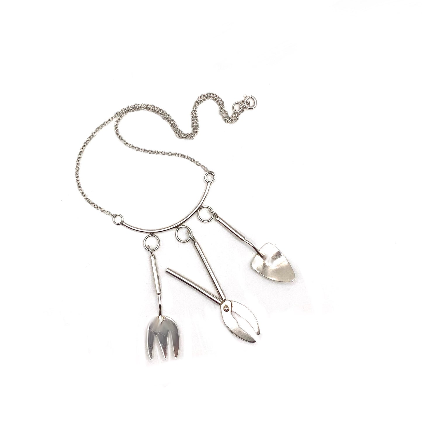 Sterling silver gardening tools necklace