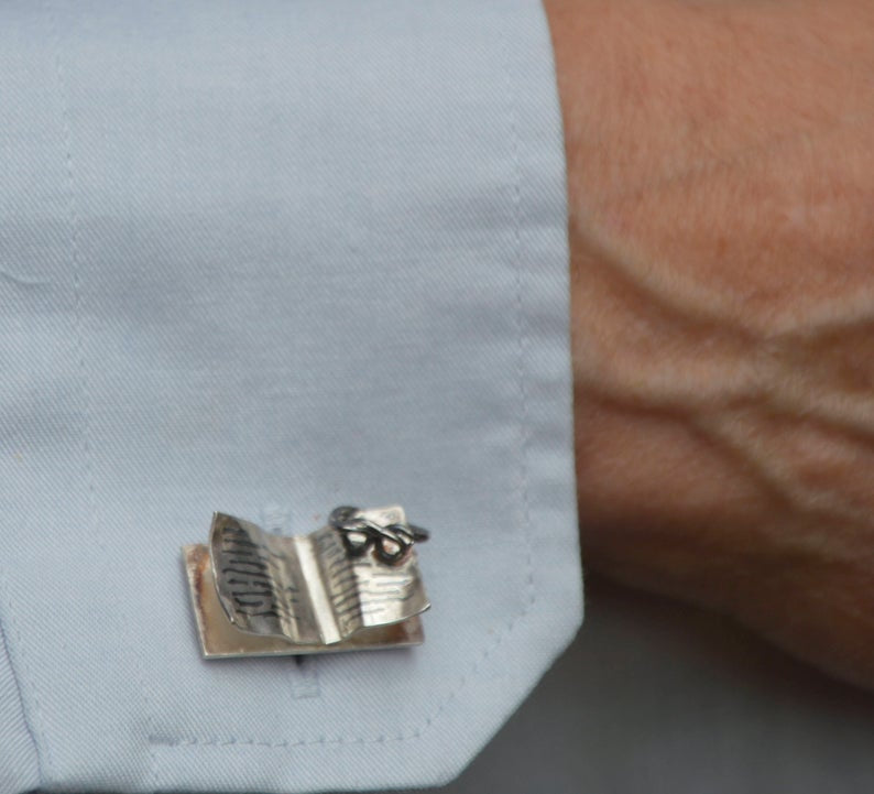 Sterling silver book cufflinks with glasses