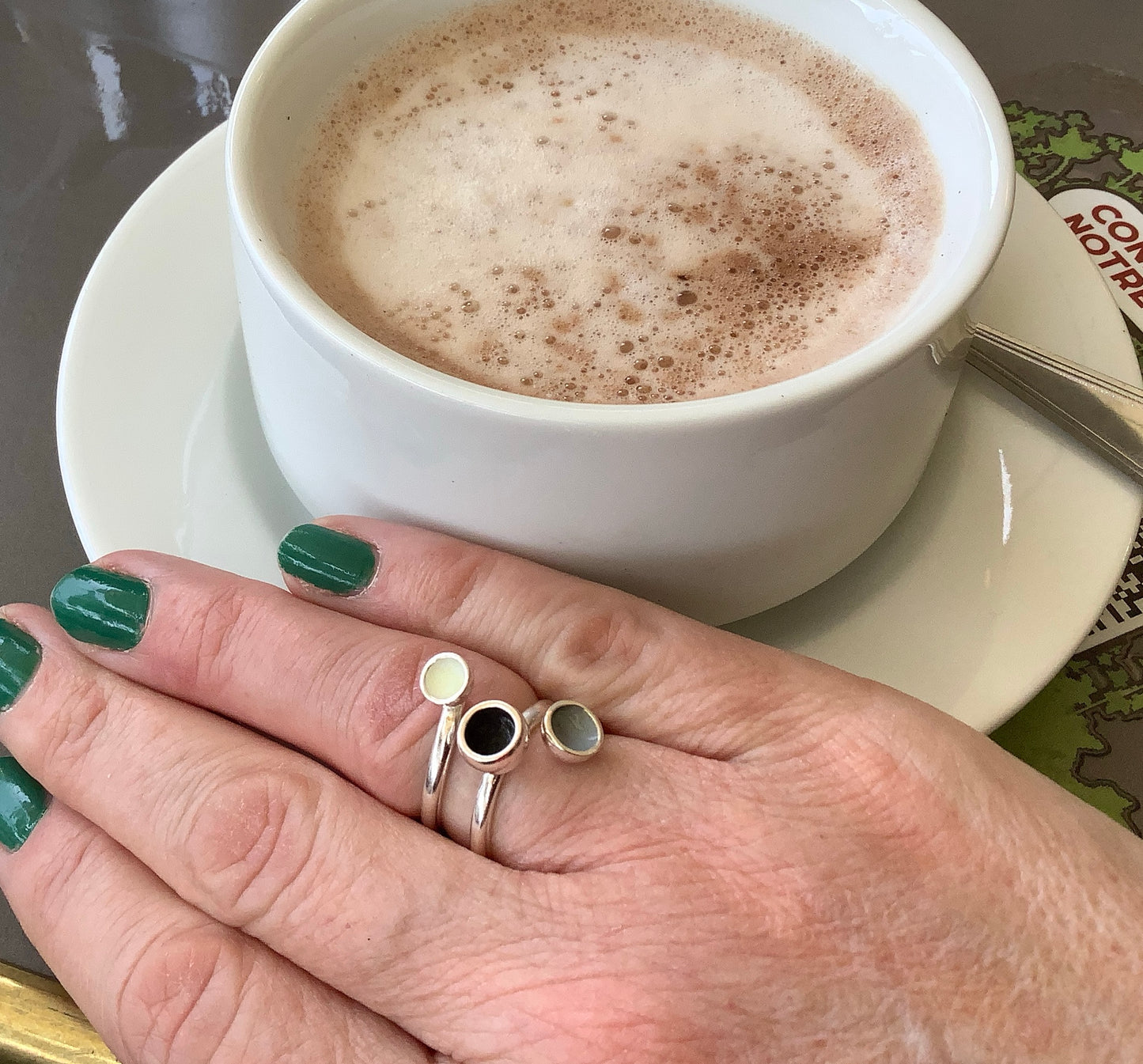 Sterling silver ring with black, grey & white enamel