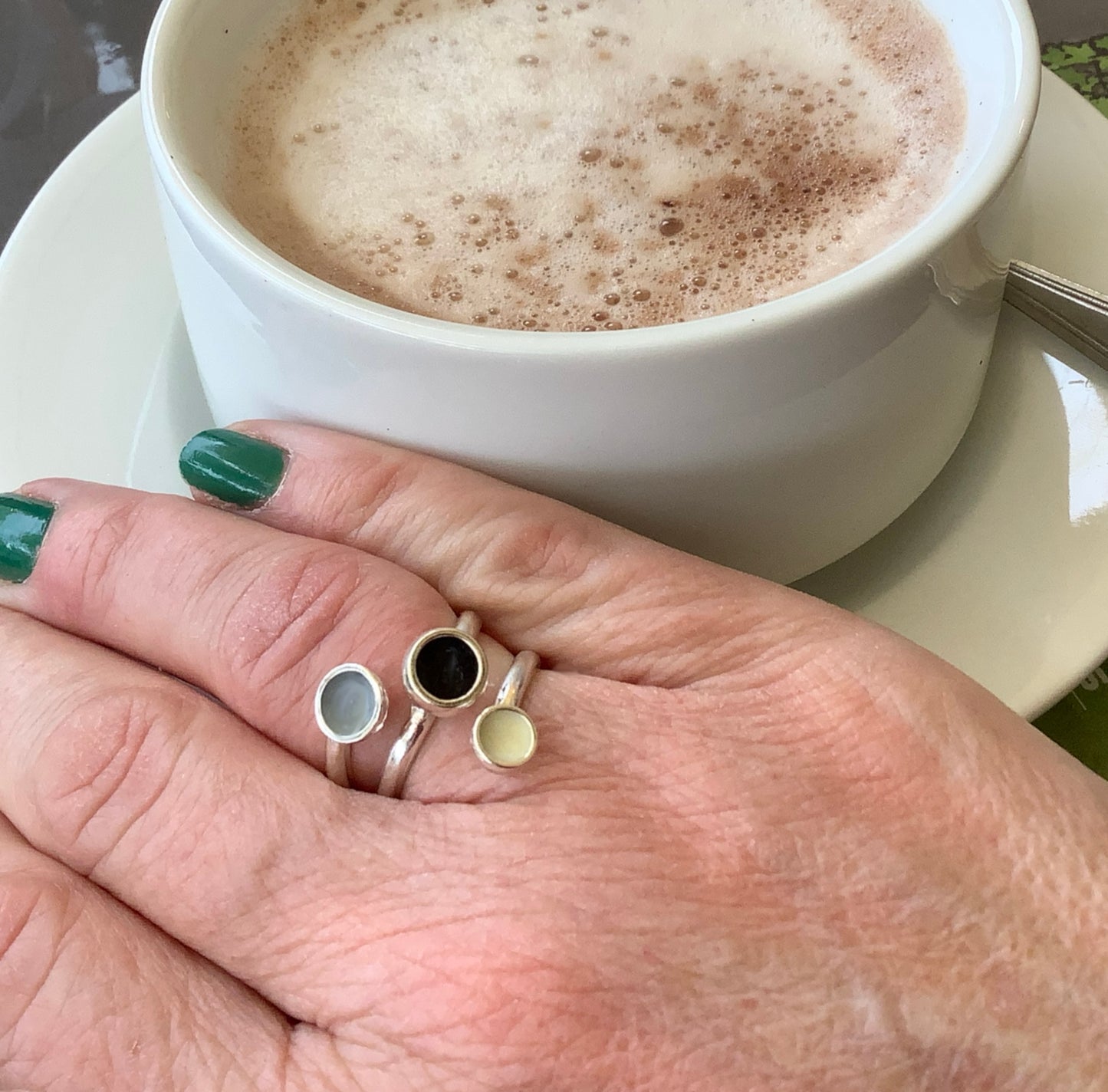 Sterling silver ring with black, grey & white enamel