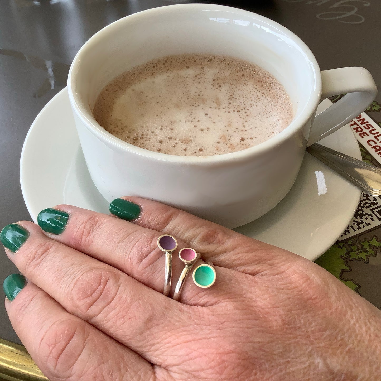 Sterling silver ring with minty green, candy pink and pastel purple ename