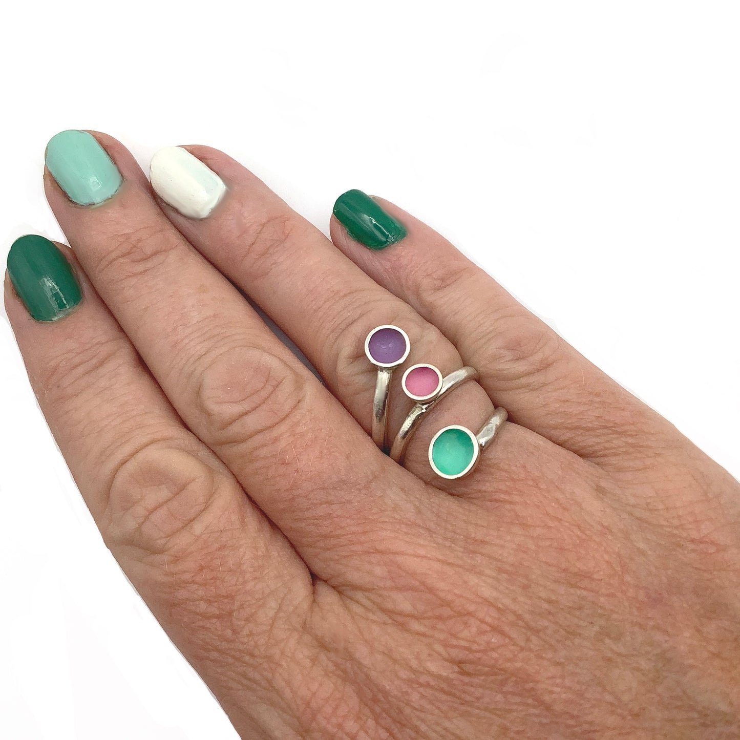 Sterling silver ring with minty green, candy pink and pastel purple ename