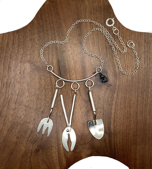 Sterling silver gardening tools necklace
