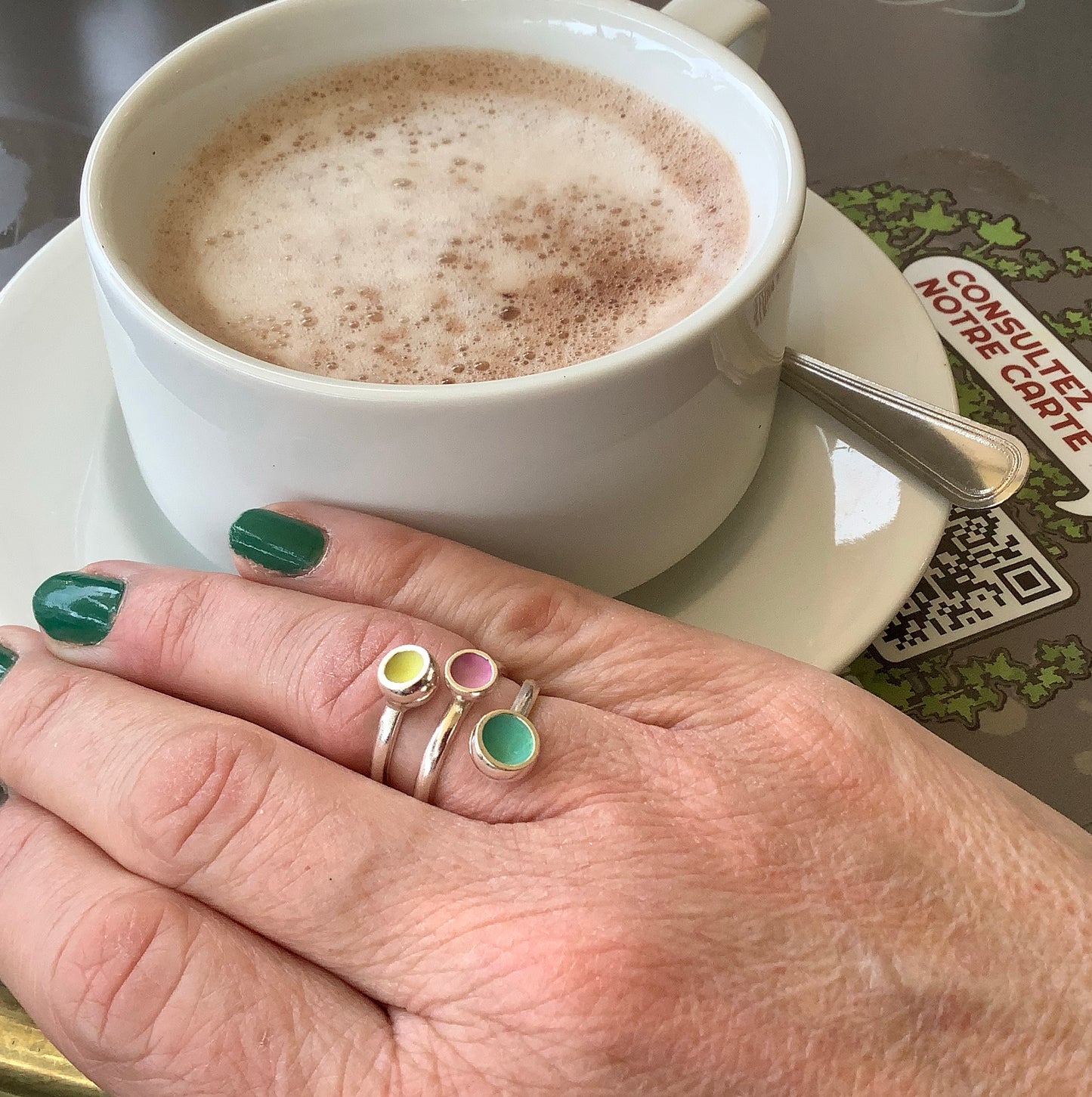 Sterling silver adjustable ring with minty green, candy pink and lemon yellow enamel