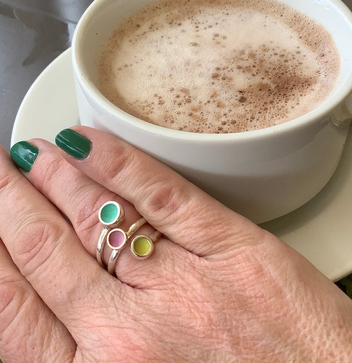 Sterling silver adjustable ring with minty green, candy pink and lemon yellow enamel
