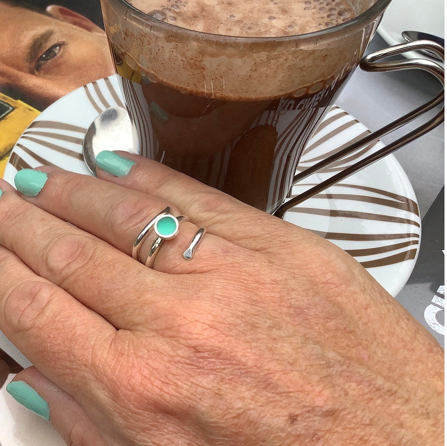 Sterling silver adjustable ring with minty green enamel