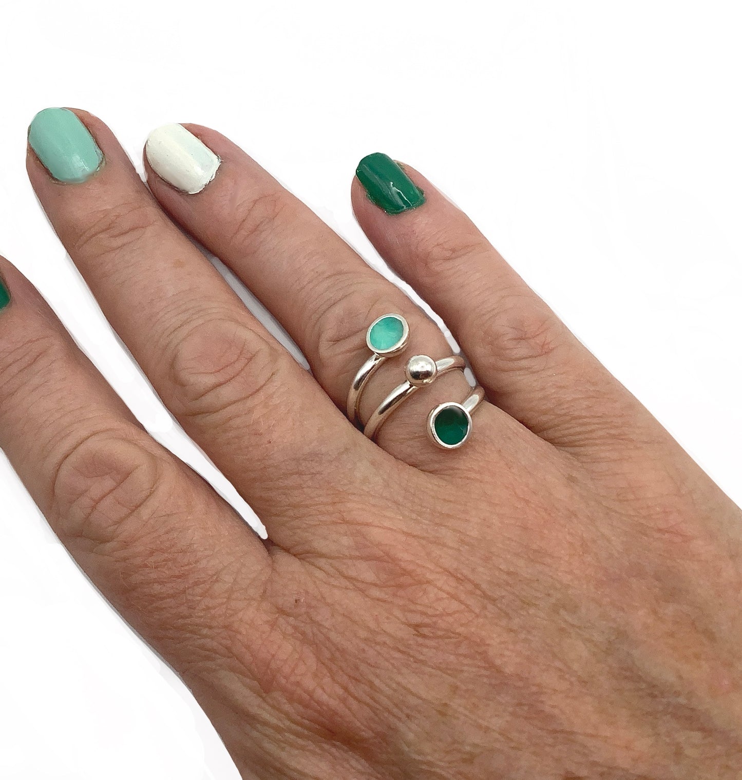 Sterling silver ring with minty green and dark emerald green enamel