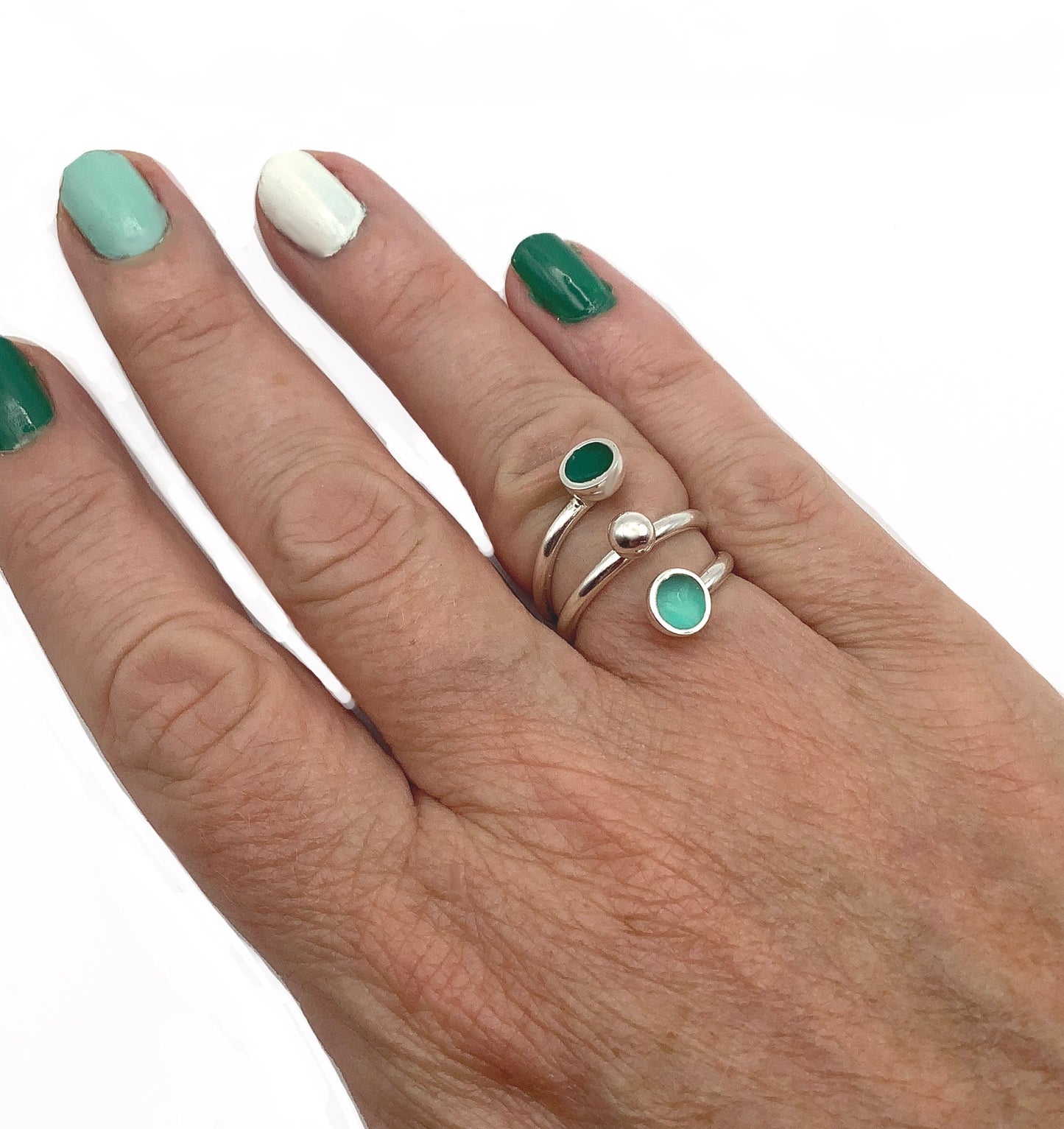 Sterling silver ring with minty green and dark emerald green enamel